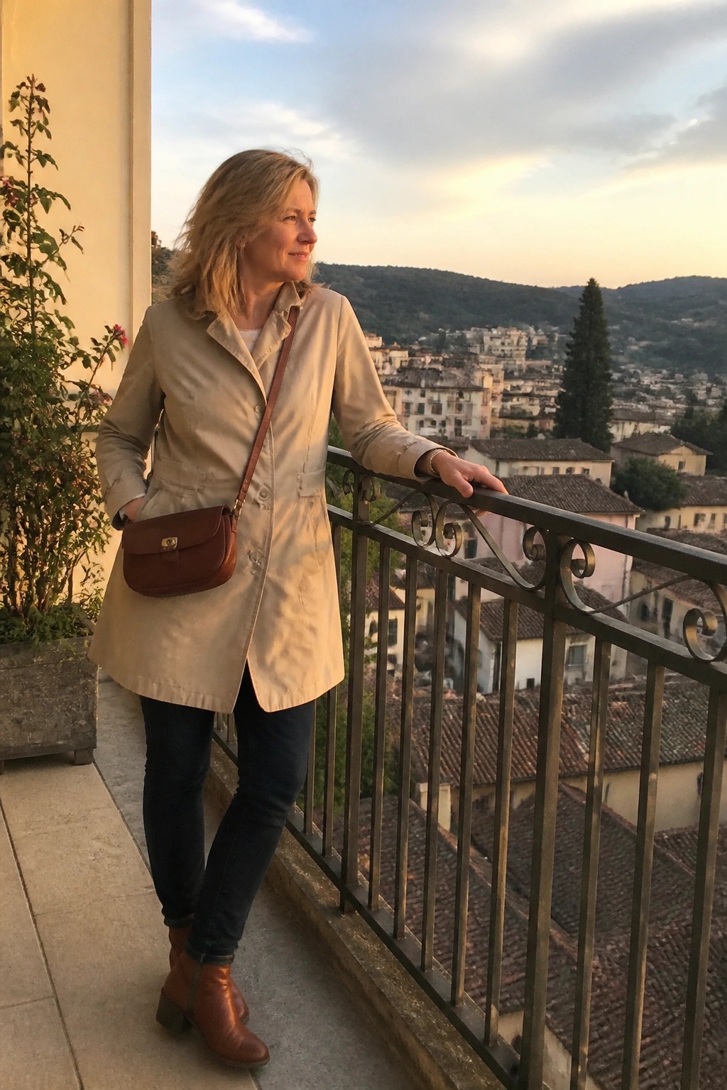 Blonde woman in beige coat leaning on balcony railing overlooking hillside town at dusk.