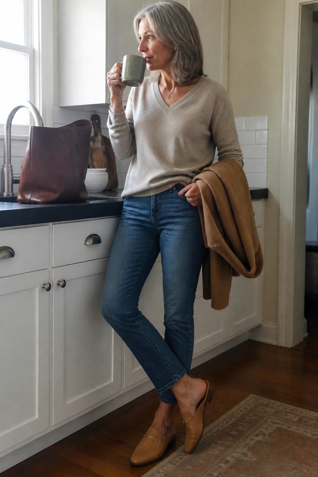 Gray-haired woman in beige sweater and jeans sipping from mug in kitchen