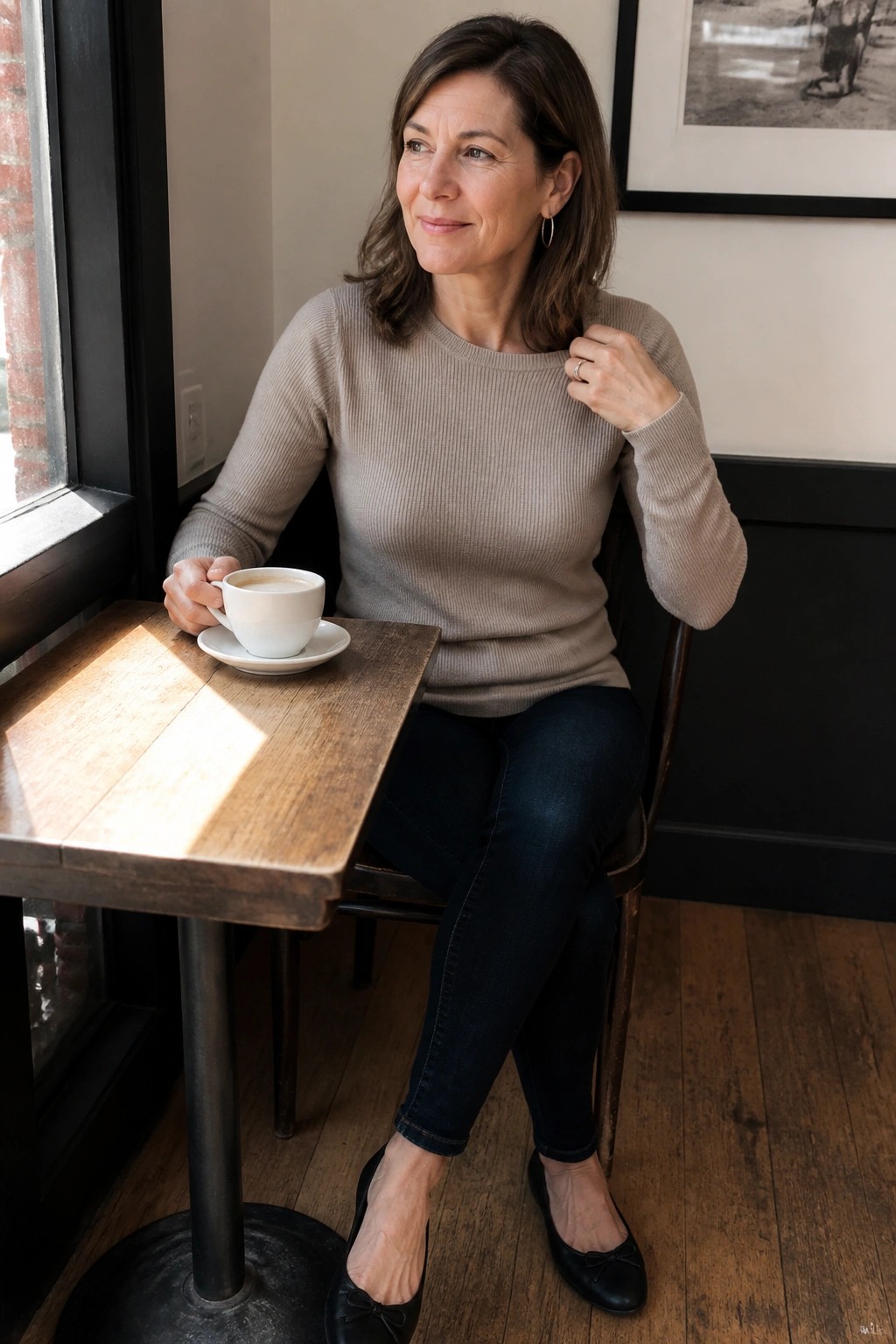 Woman in beige sweater holds coffee cup at sunlit wooden cafe table by window
