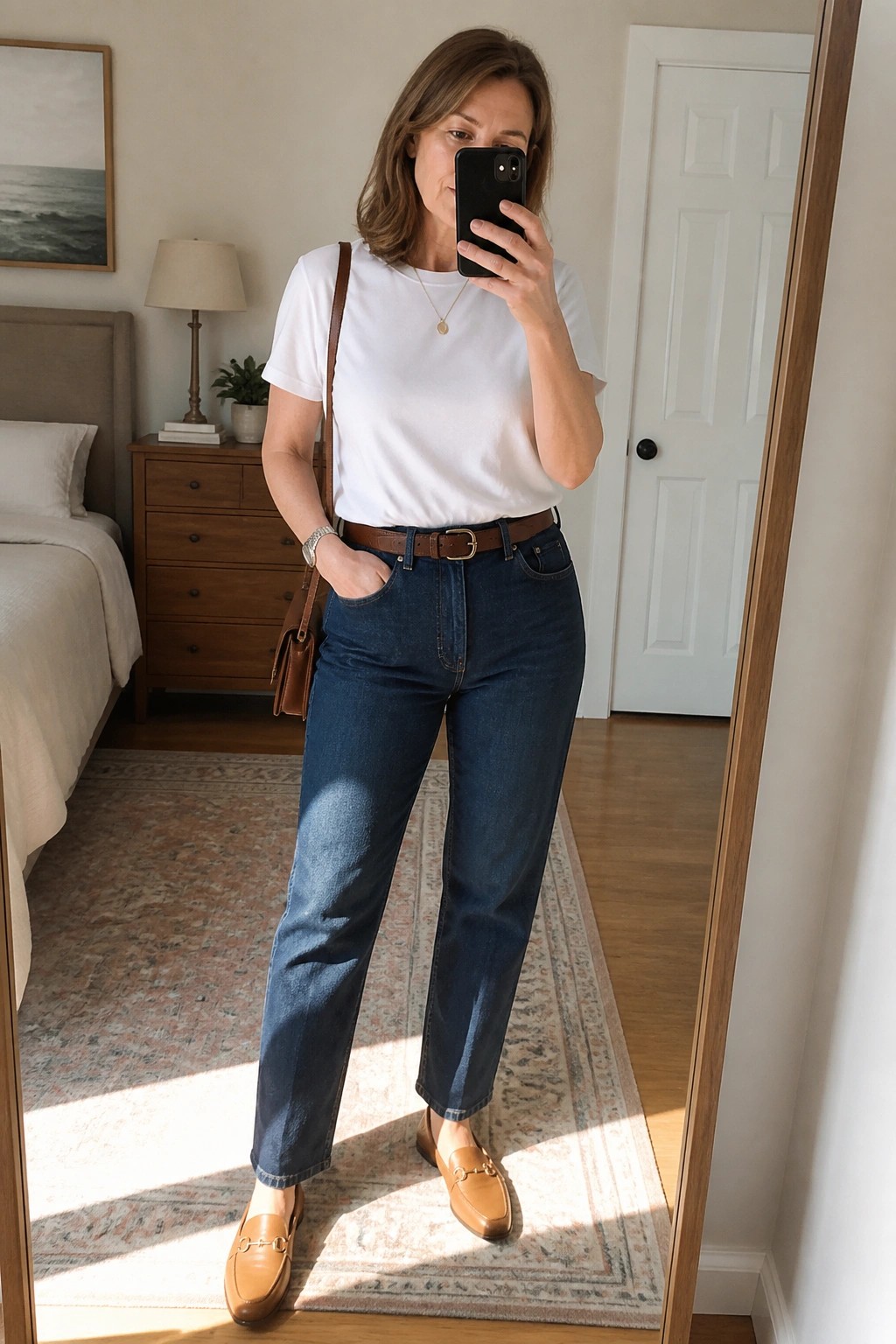 Woman in white t-shirt and jeans taking bedroom mirror selfie with phone
