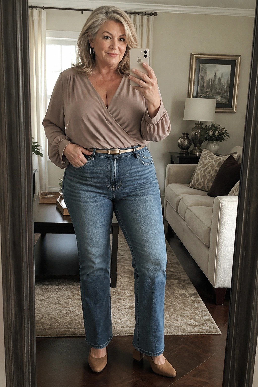 Woman in taupe wrap blouse and blue jeans taking mirror selfie in living room