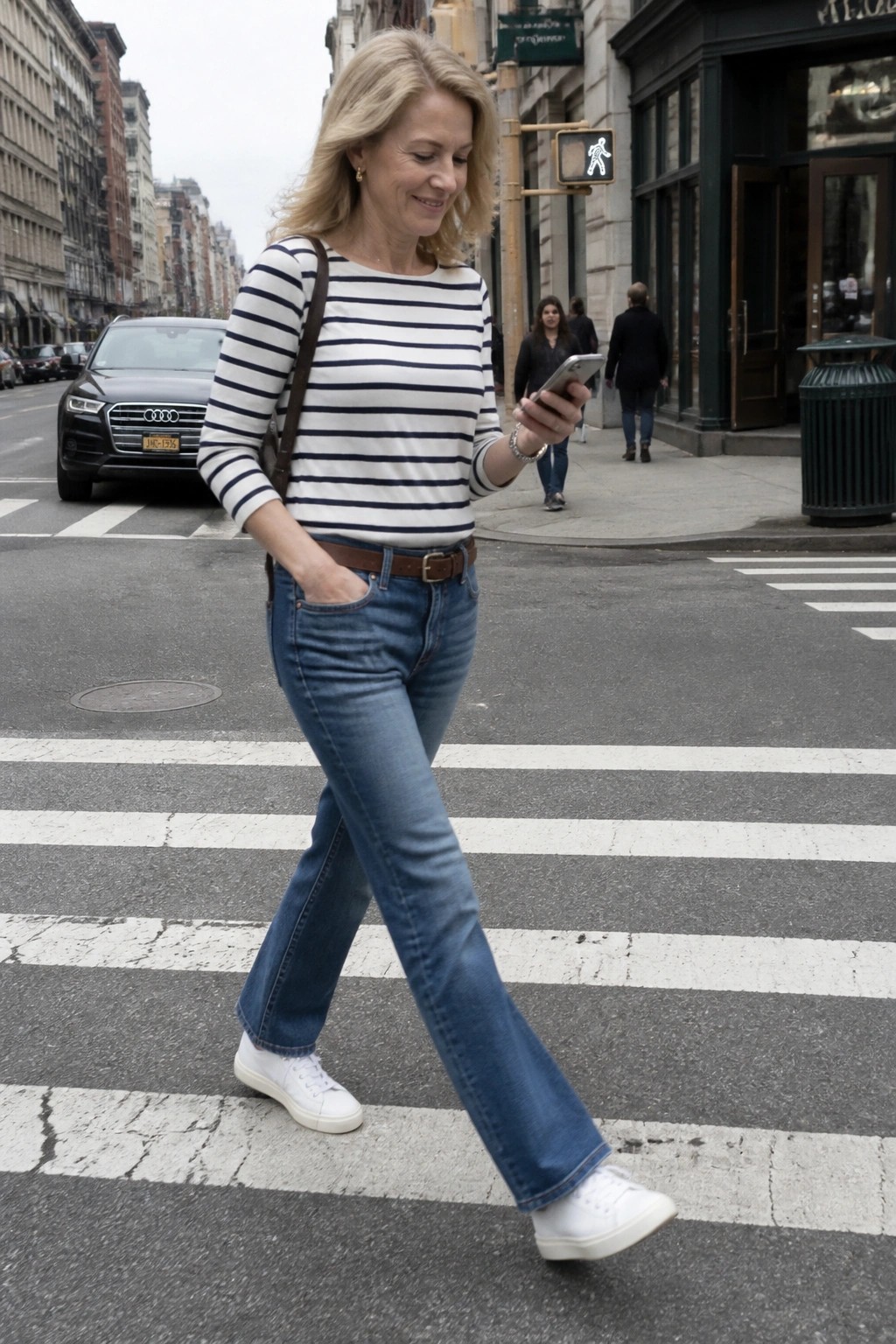 Blonde woman in striped shirt and jeans walking on crosswalk while using phone
