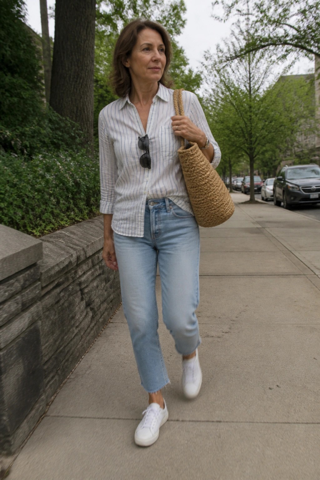 Woman in striped shirt and jeans carrying woven tote on city sidewalk