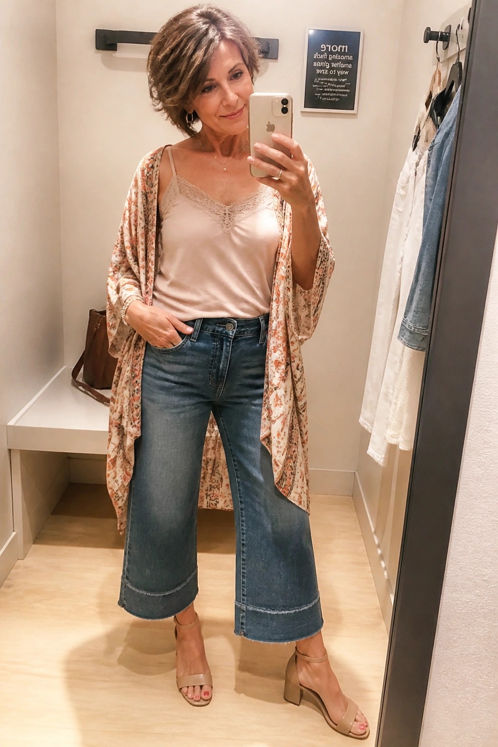 Woman in floral kimono over pink camisole and cropped jeans taking mirror selfie in fitting room.