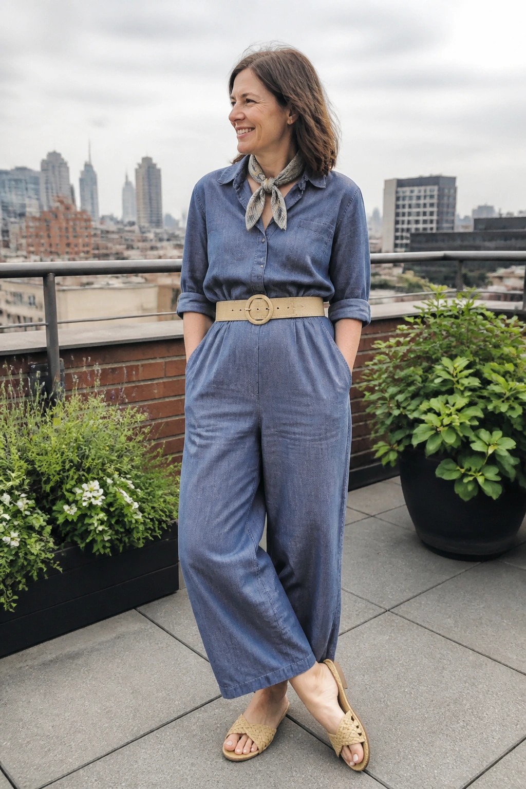 A woman wearing a blue chambray jumpsuit with a beige belt, patterned scarf, and woven slides standing on a rooftop.