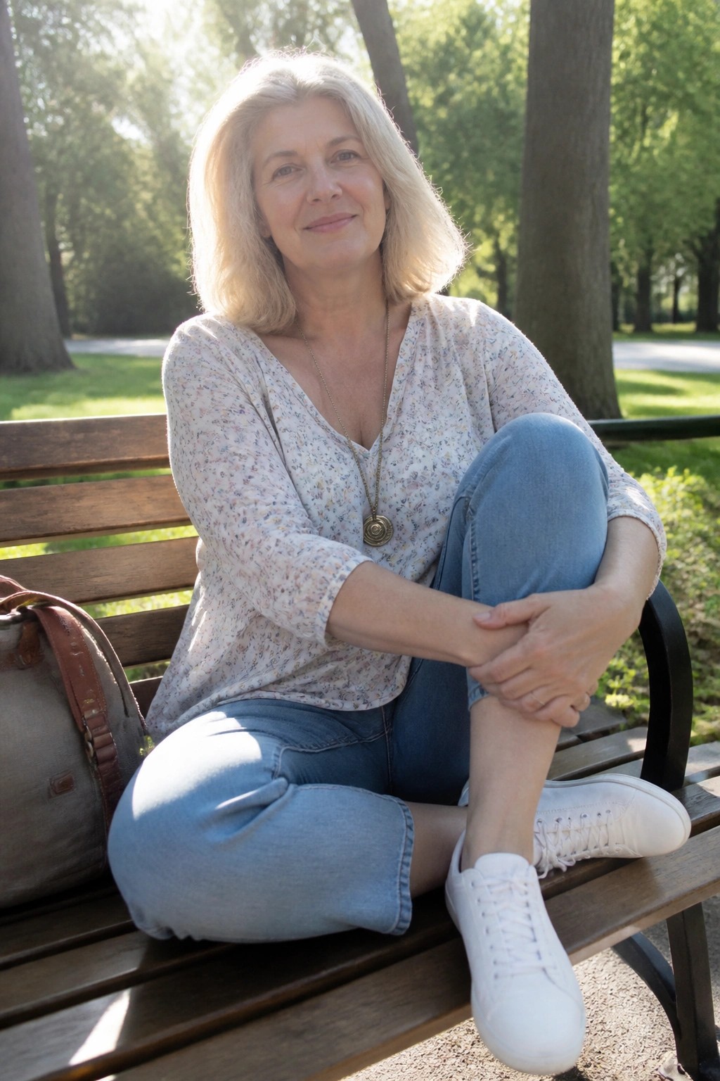 Gray-haired woman in floral top and jeans on park bench beside canvas bag