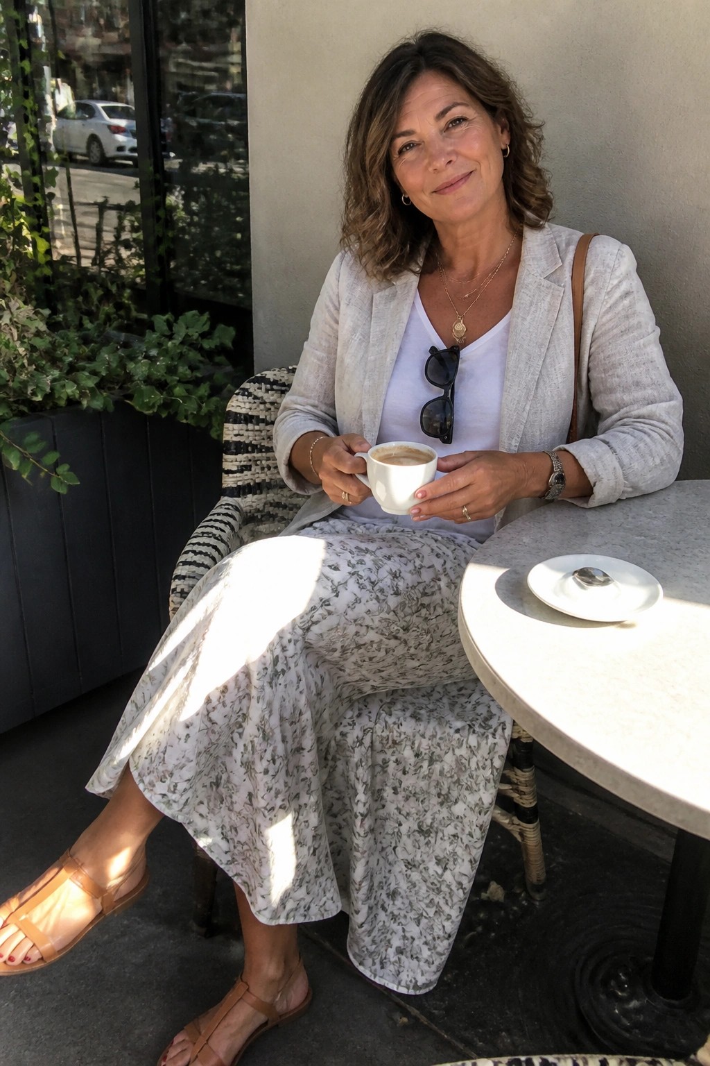 Woman in light blazer and floral skirt holding coffee at sunny outdoor cafe table