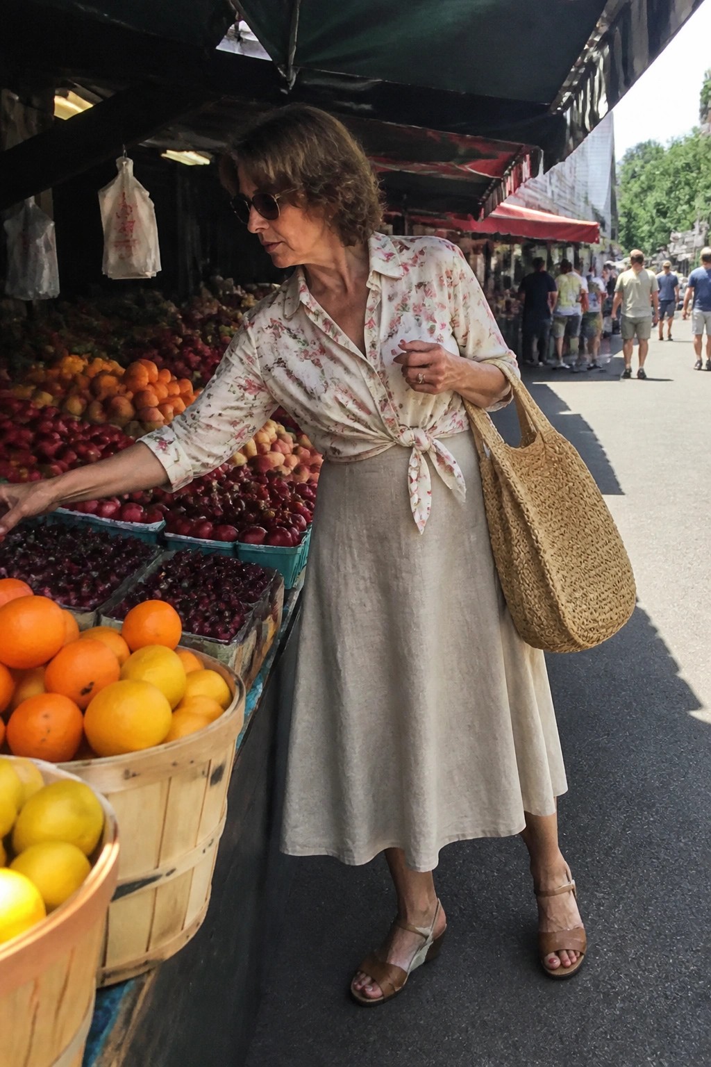 Woman in floral blouse and beige skirt reaches for fruit at market with woven bag.