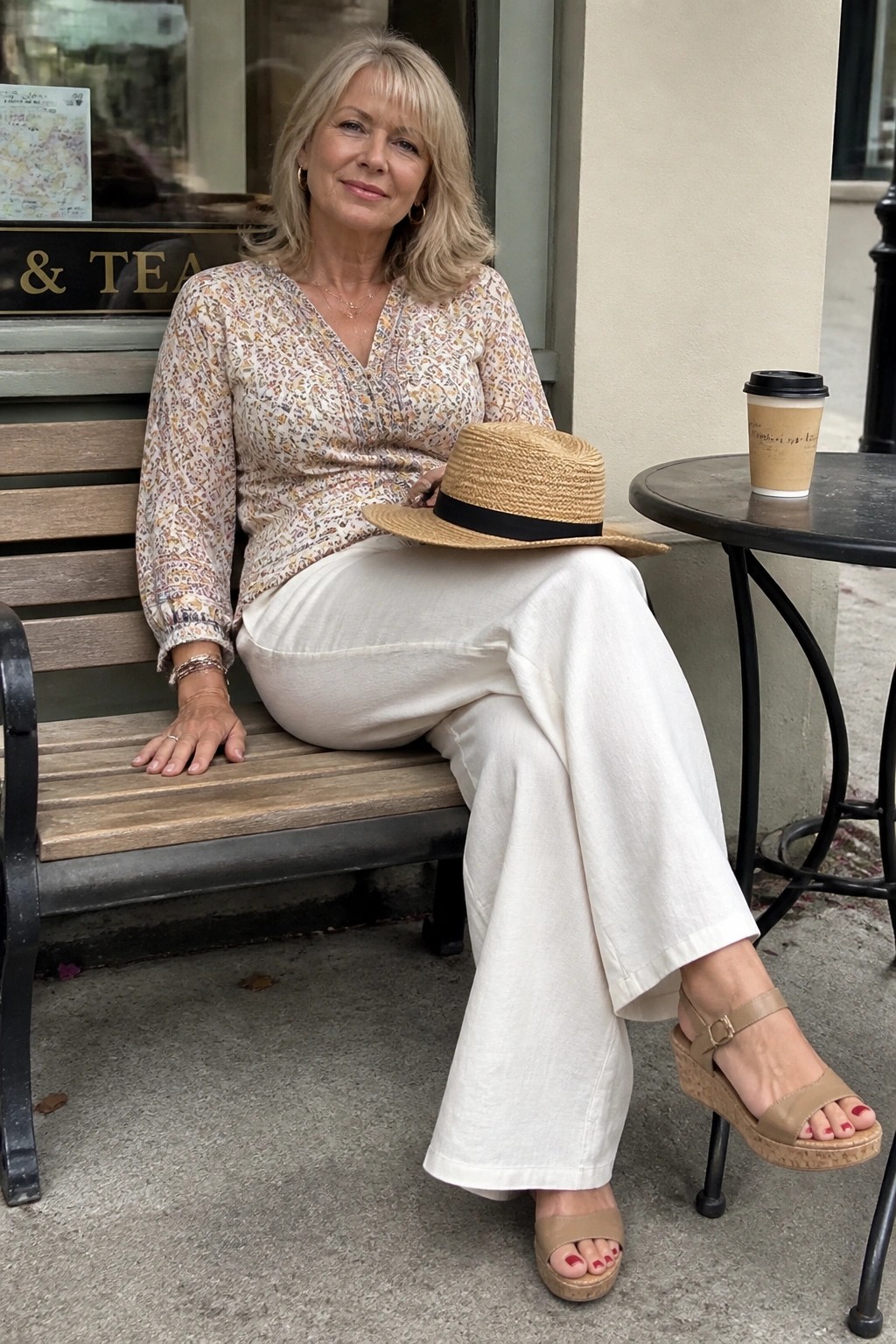 Blonde woman in floral top and white pants holds straw hat on cafe bench near coffee