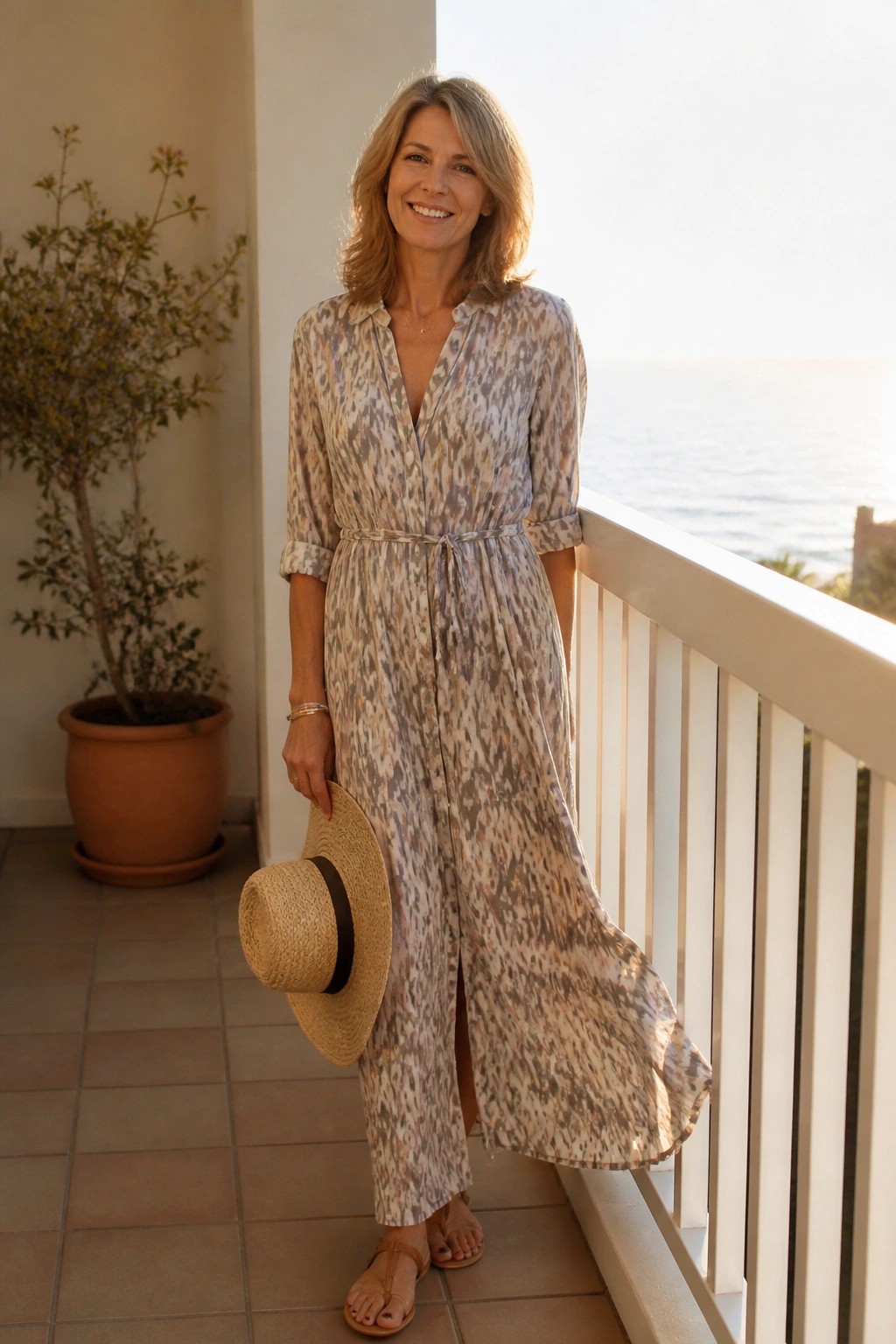 Smiling woman in patterned dress holding straw hat on ocean-view balcony