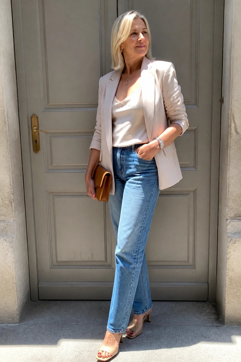 Blonde woman in beige blazer and blue jeans holding clutch by gray door