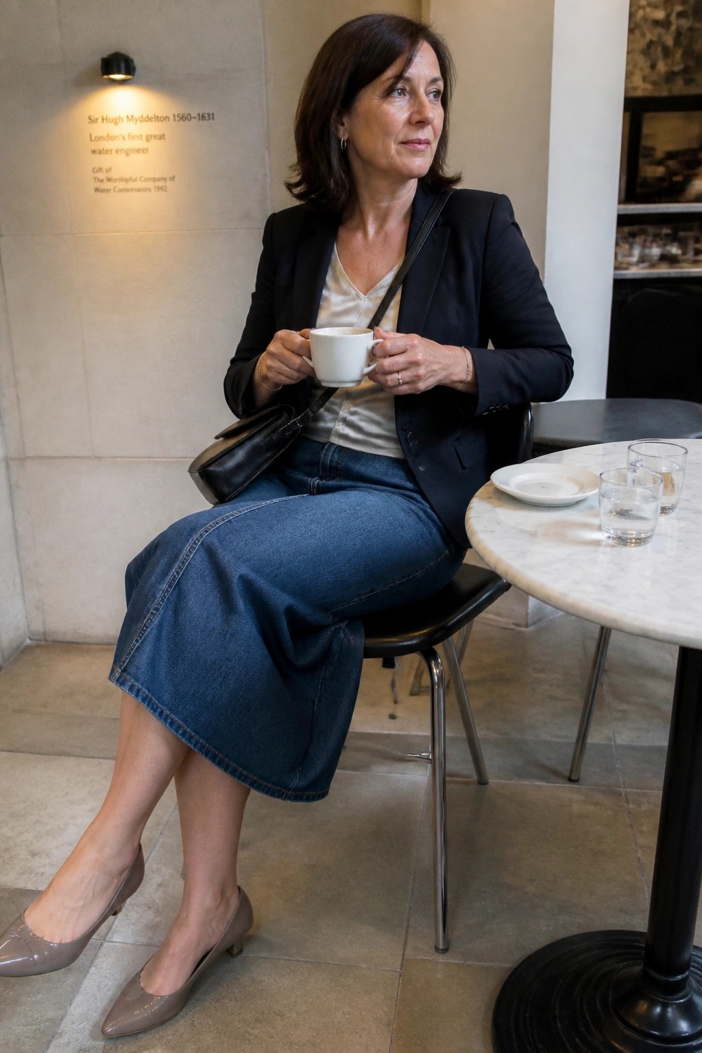 Woman in black blazer and denim skirt holds white cup at marble cafe table.