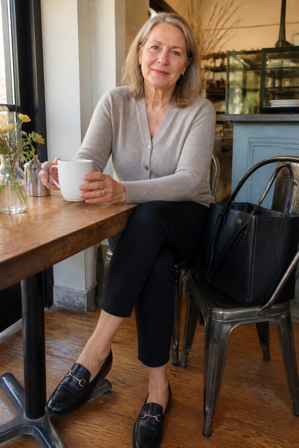 Elderly woman in beige cardigan holds white mug at cafe table with black handbag nearby