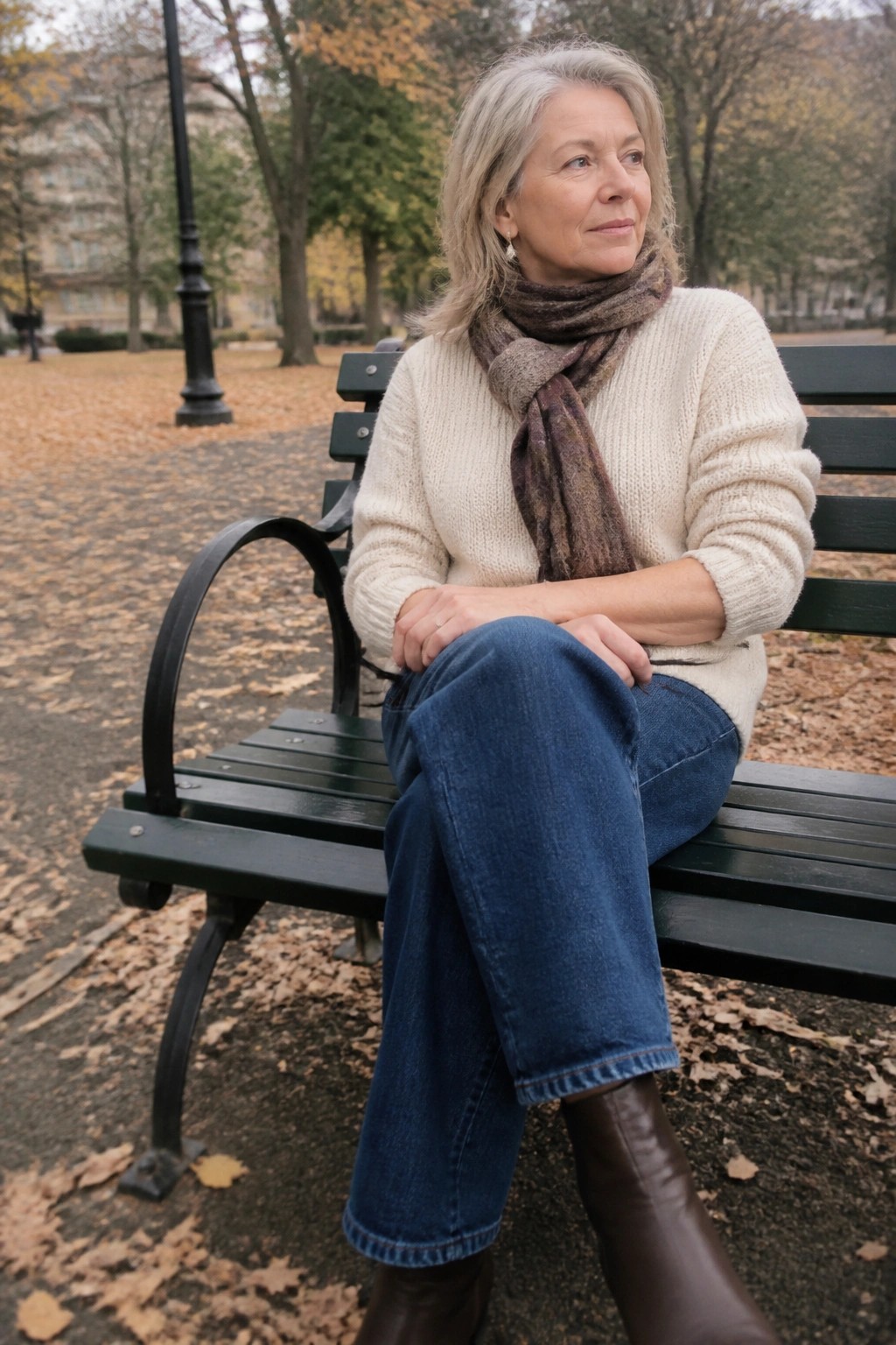 Silver-haired woman in cream sweater and scarf seated on green park bench in autumn