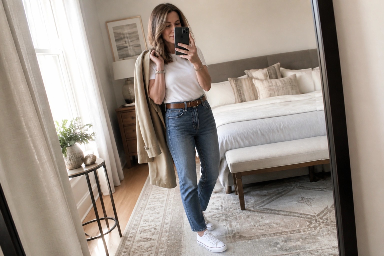 Woman in white t-shirt and blue jeans holding beige coat in bedroom mirror selfie