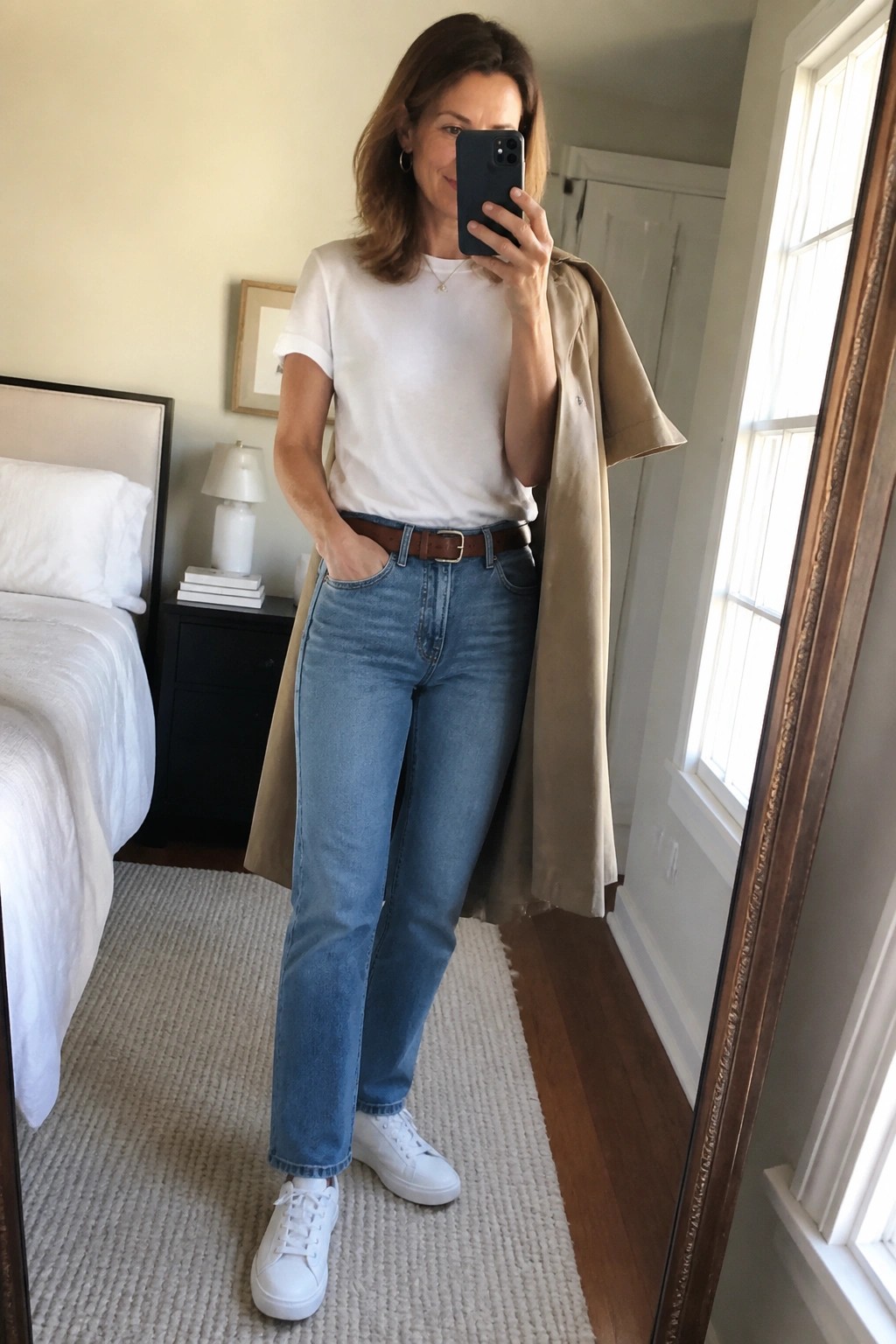 Woman in white t-shirt and blue jeans holding beige coat in bedroom mirror selfie