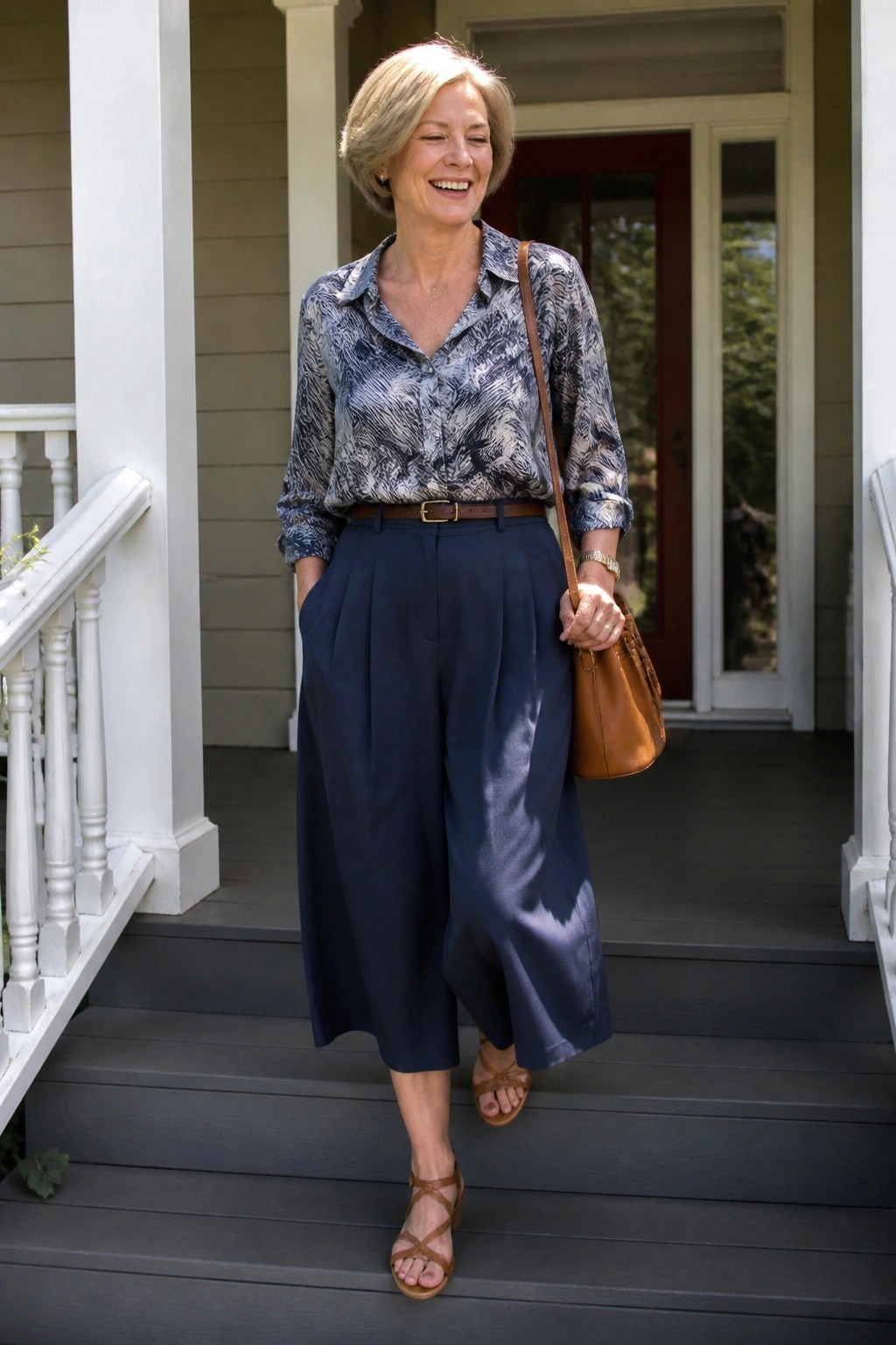 Smiling woman in patterned shirt and navy wide-leg pants on porch steps