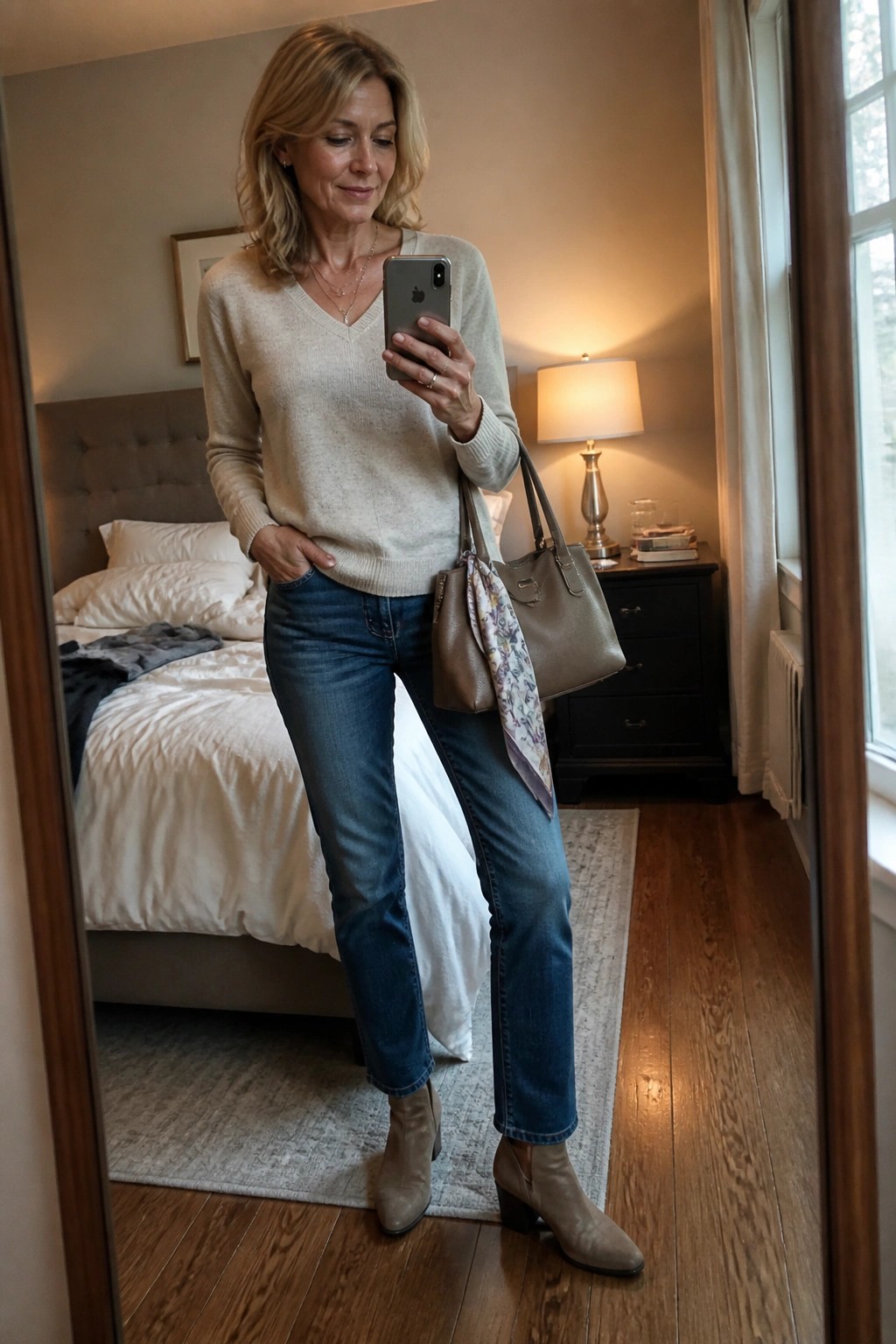 Blonde woman in beige sweater and jeans with handbag taking bedroom mirror selfie