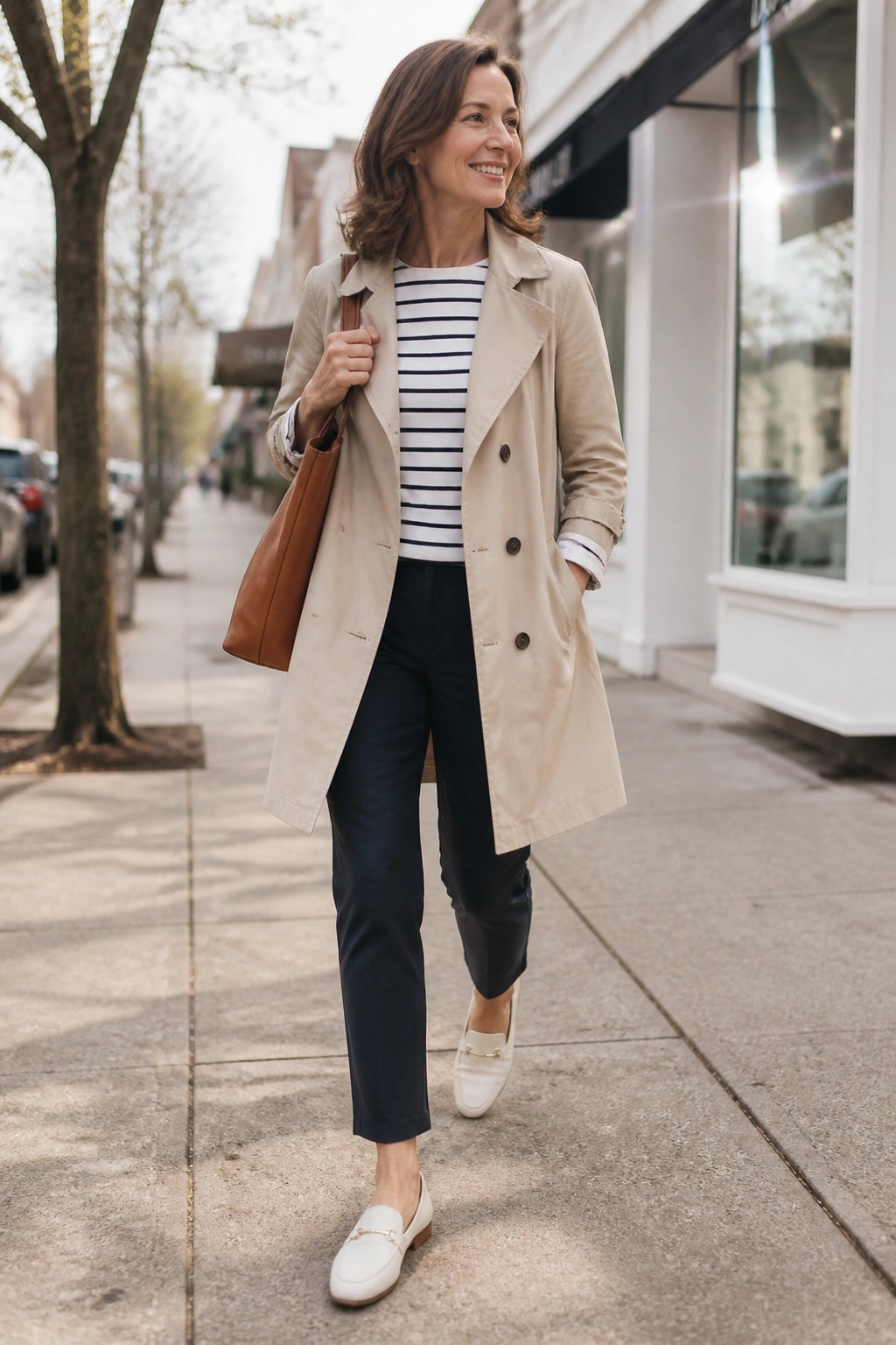 Smiling woman in beige trench coat, striped shirt, and white loafers on sidewalk
