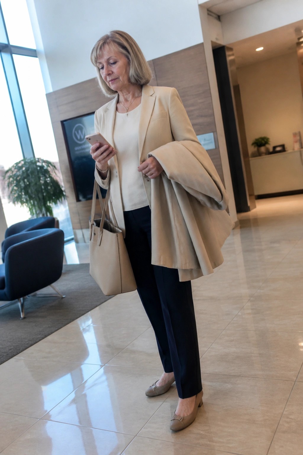 Woman over 50 in a beige blazer layered over a cream sweater paired with navy trousers and beige flats while holding a matching tote bag