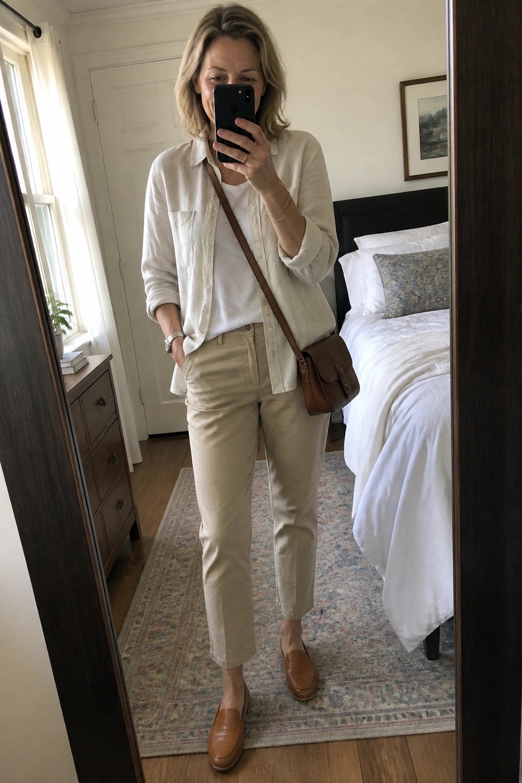 Woman in white shirt and beige pants taking mirror selfie in bedroom