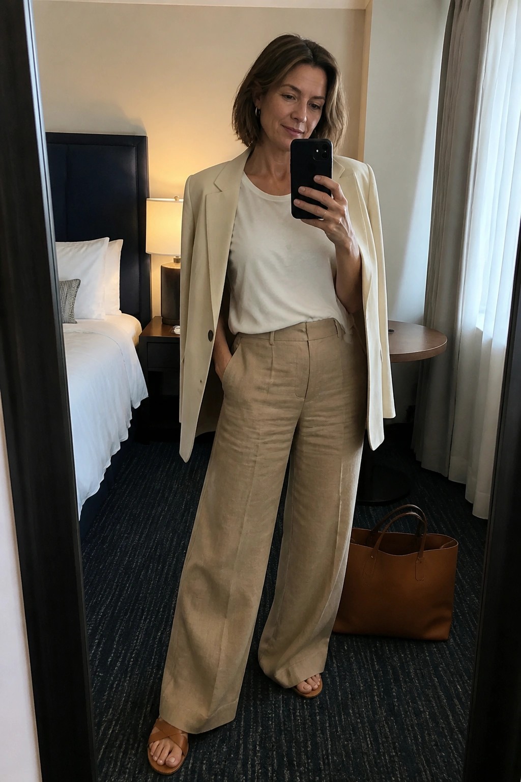 Woman in cream blazer and beige wide-leg pants taking mirror selfie in hotel room