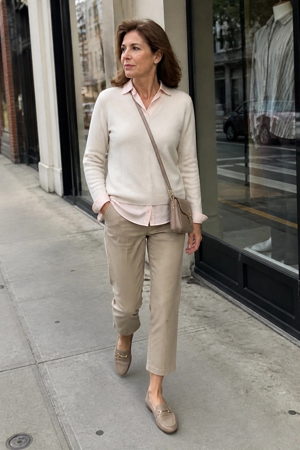 Woman in cream sweater over pink shirt and beige pants on sidewalk
