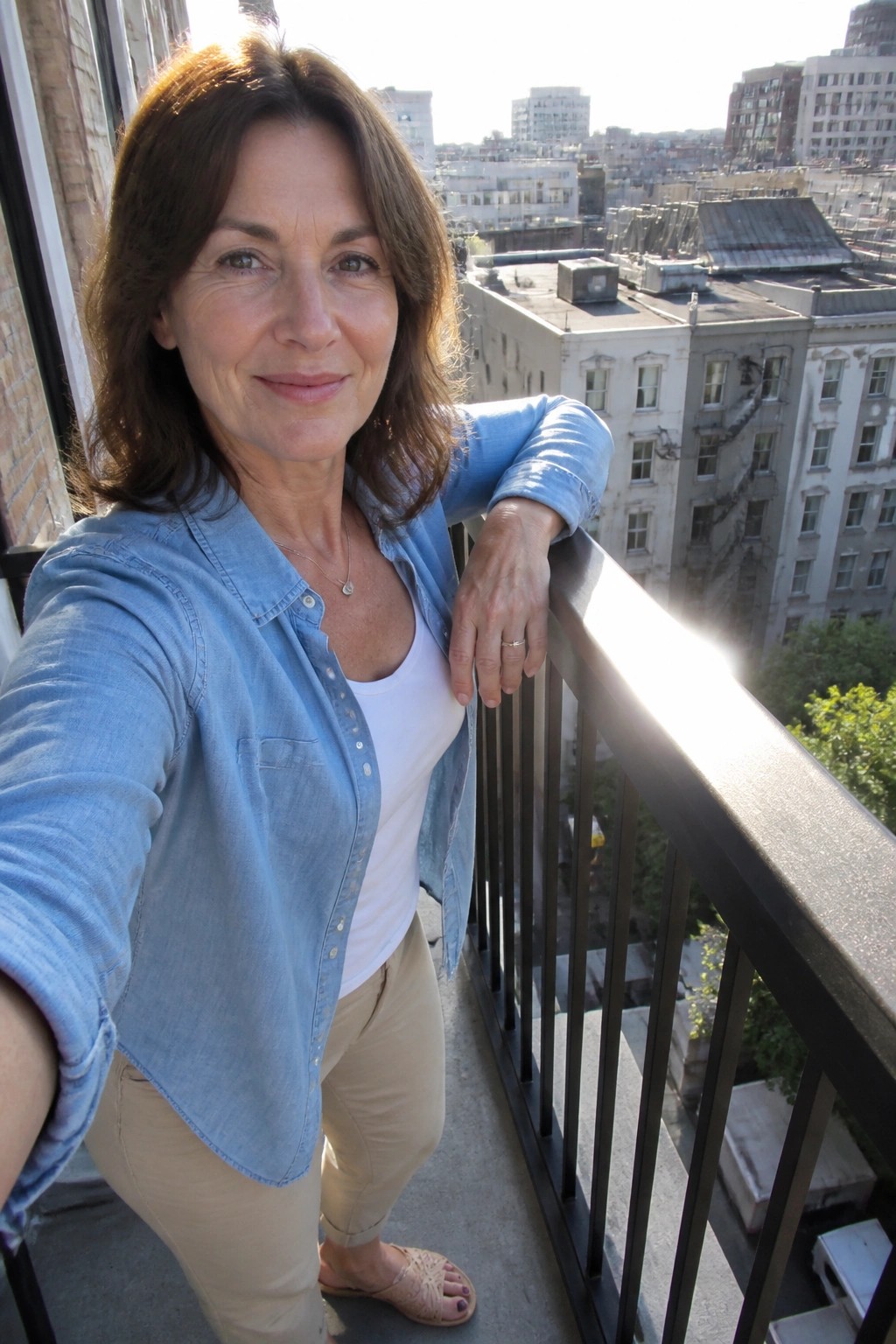Woman in light blue denim shirt leans on balcony overlooking city buildings in sunlight.