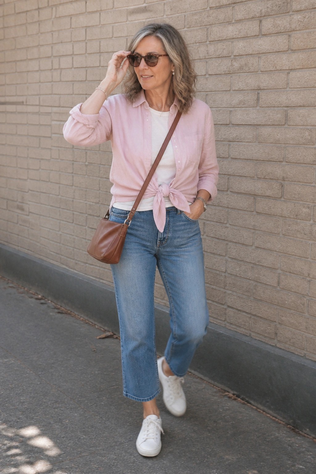 Woman in pink tied shirt and jeans adjusting sunglasses by brick wall.