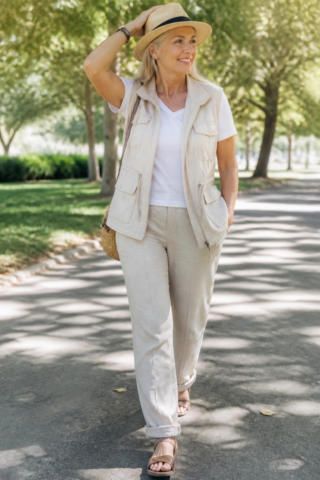 Smiling blonde woman in beige utility vest and straw hat on sunny park path