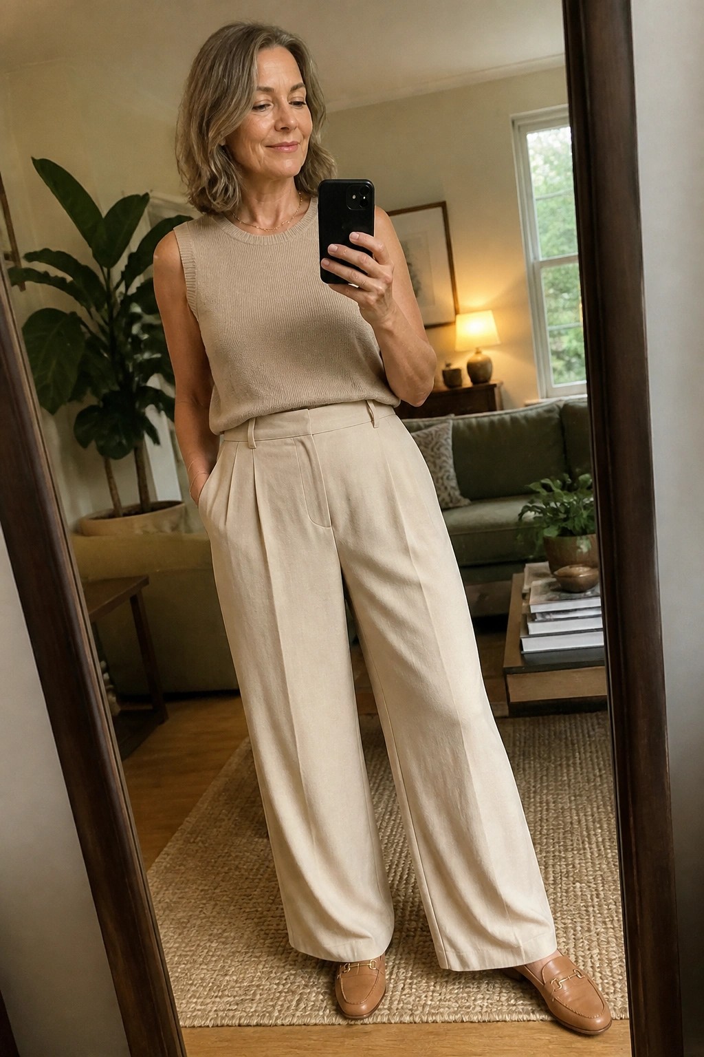 Woman in beige knit top and wide-leg pants taking mirror selfie indoors