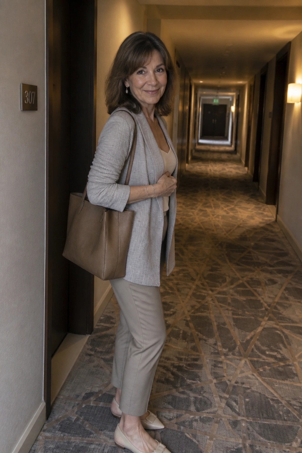 Woman in gray cardigan and beige pants holding brown leather tote in hotel hallway