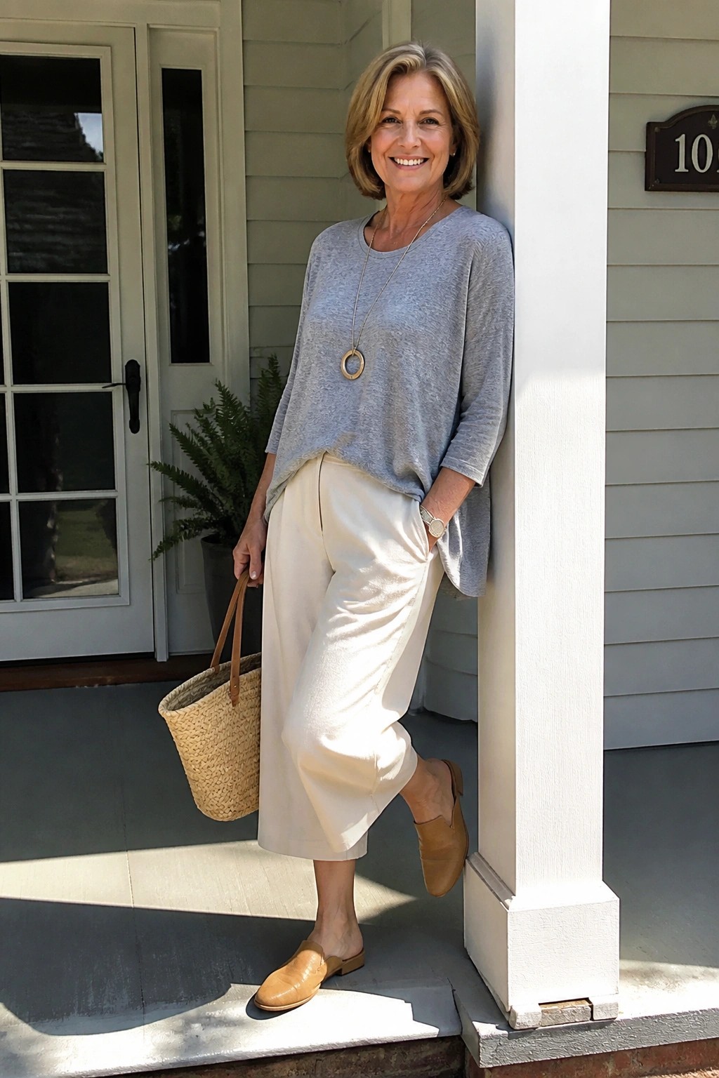 A woman over 50 wearing a light gray long-sleeve top layered over cream wide-leg cropped pants, paired with tan leather mules and a straw tote, accessorized with a long necklace.
