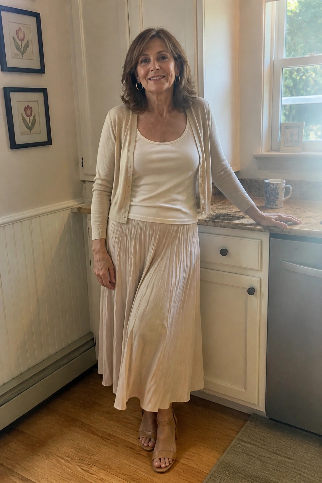 Woman in cream cardigan and pleated skirt standing in kitchen by counter
