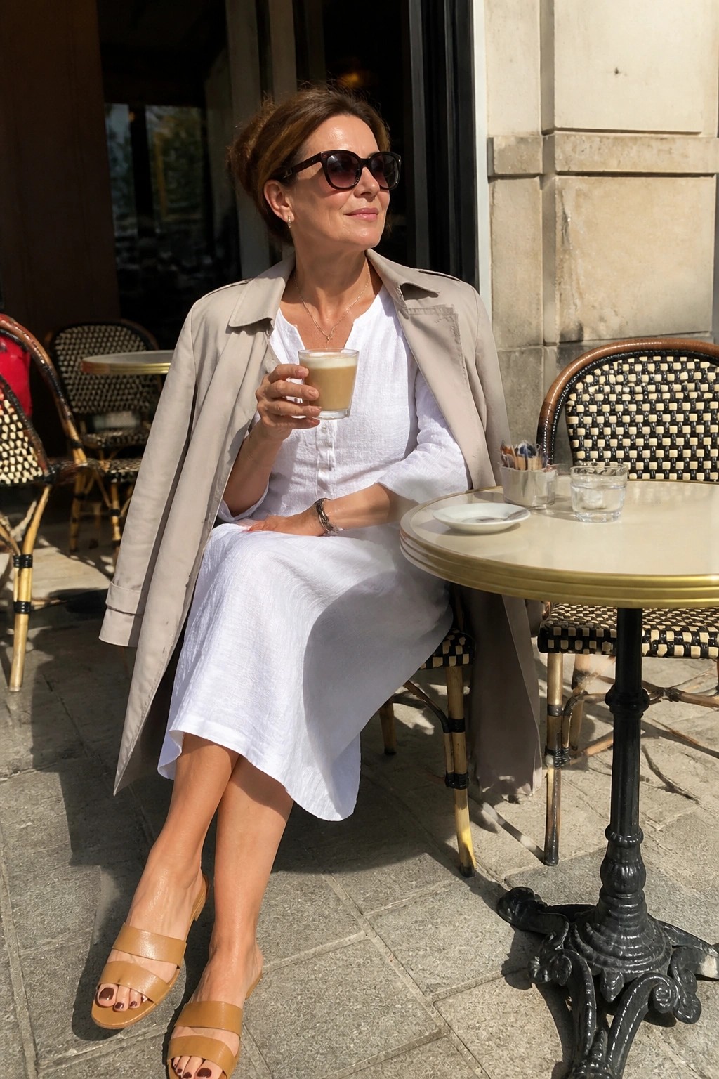 Woman in white dress and beige trench coat holding coffee at sunny cafe table