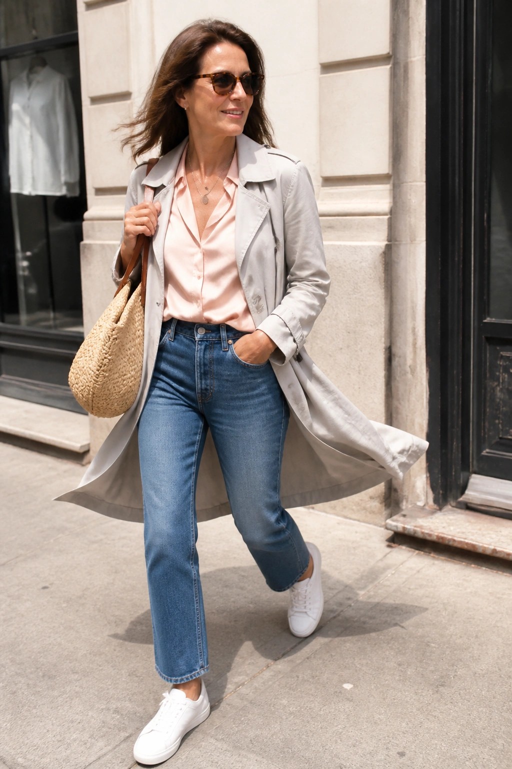 Woman in gray trench coat over pink blouse with jeans and straw bag on sidewalk