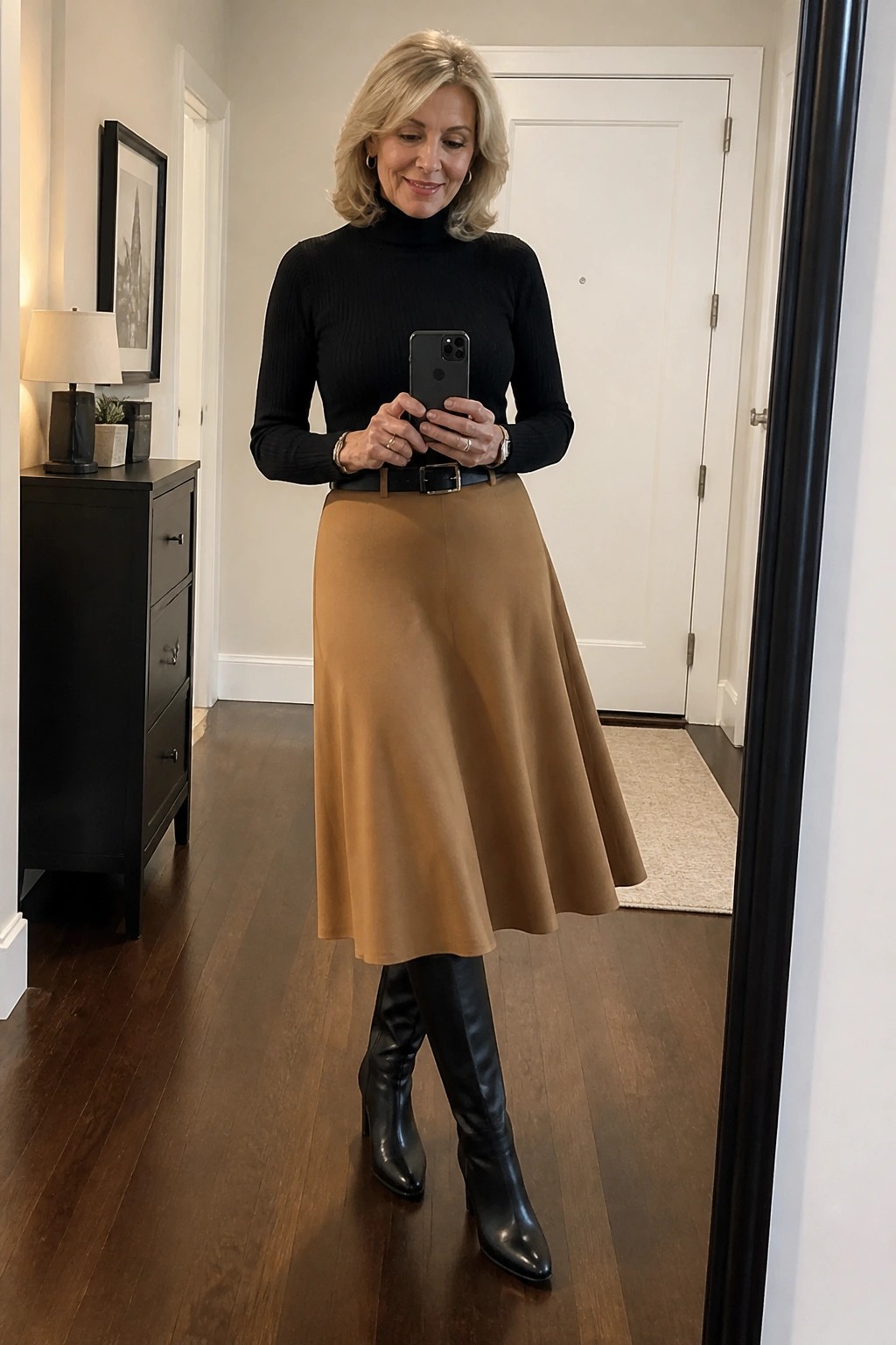 Woman in black turtleneck, tan midi skirt, and black boots holding phone in hallway