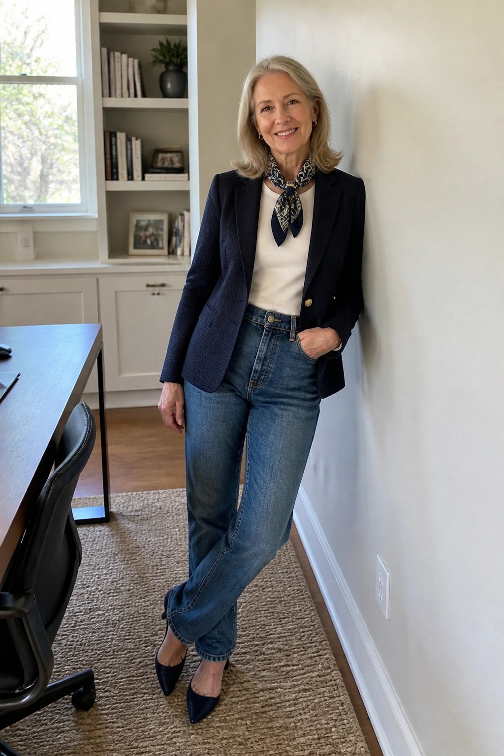 Smiling gray-haired woman in navy blazer, jeans, and heels in office.