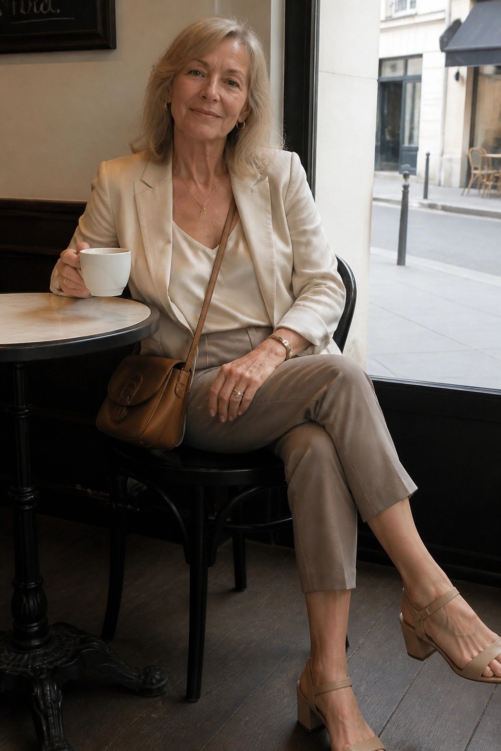 Elegant older woman in beige blazer holding coffee cup at cafe table with bag