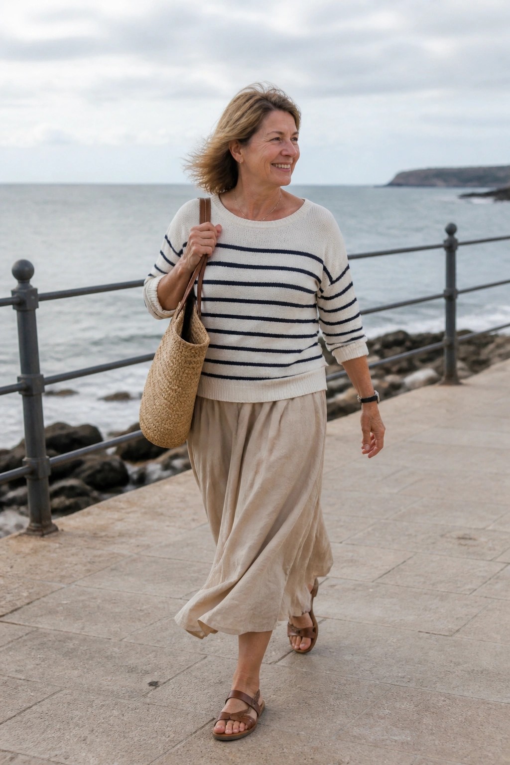Woman over 50 wearing a cream knit sweater with navy horizontal stripes tucked into a beige midi skirt, brown strappy sandals, and carrying a woven straw tote bag while walking on a paved path