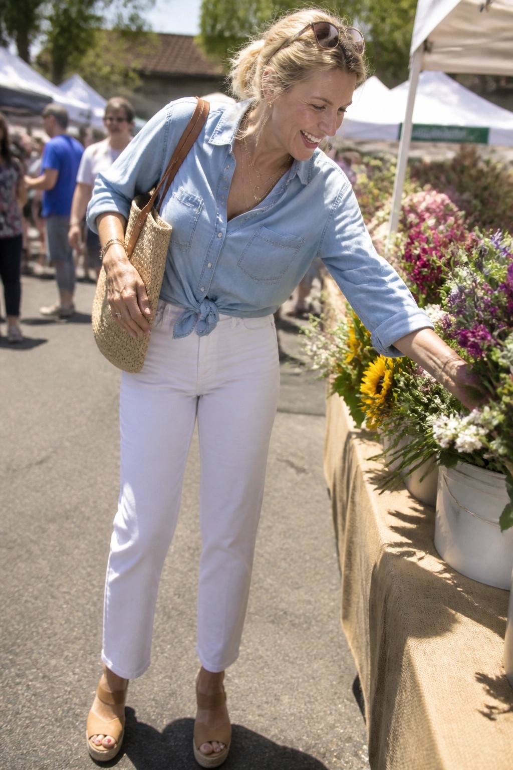 Blonde woman in blue denim shirt and white pants reaching for flowers at market
