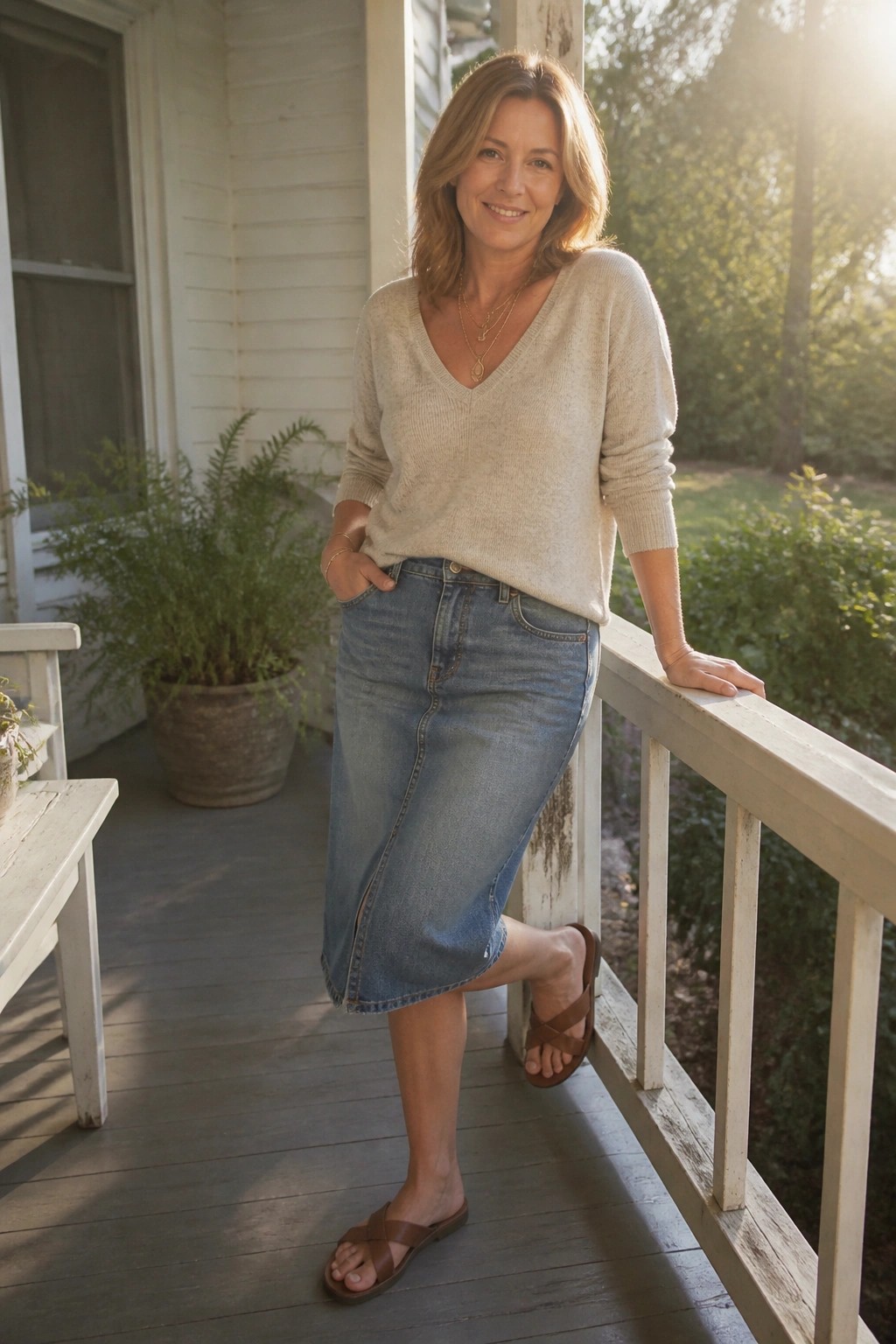 Woman in cream sweater and blue denim skirt on sunny wooden porch.