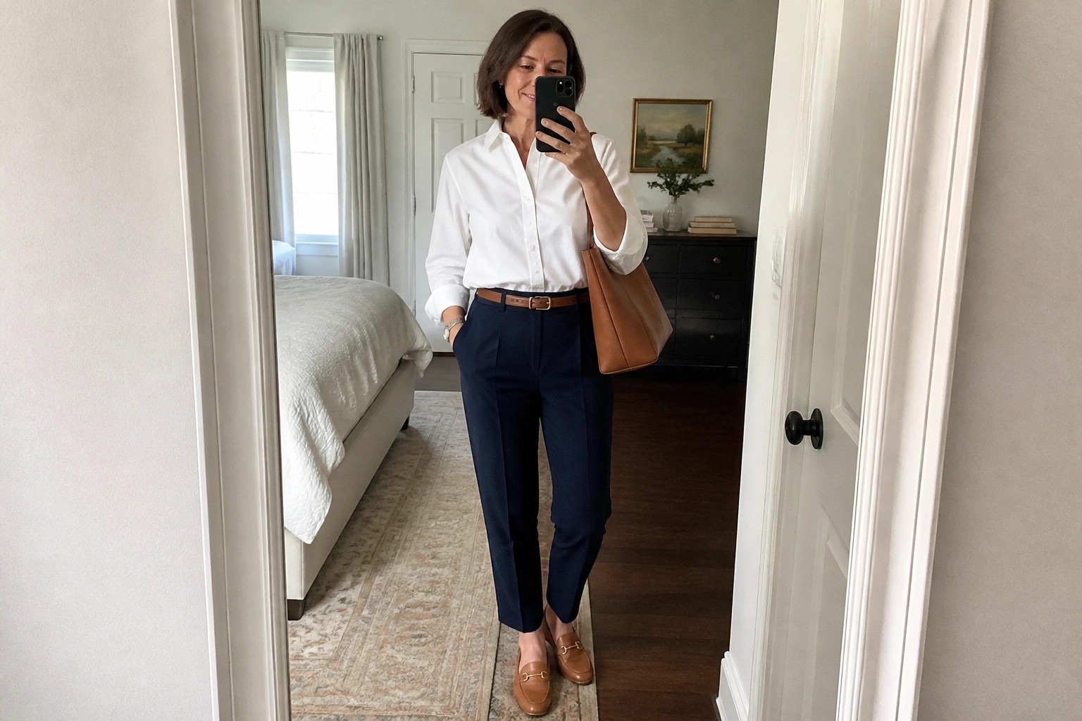 Blonde woman in white shirt, navy pants, brown loafers taking bedroom mirror selfie