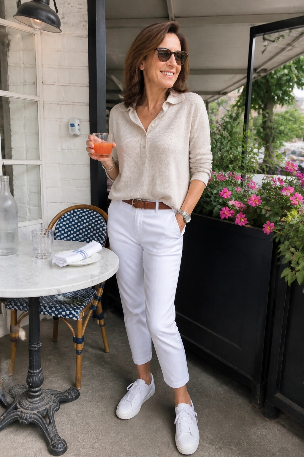 Smiling woman in beige polo sweater, white pants, and sneakers holding orange drink on patio