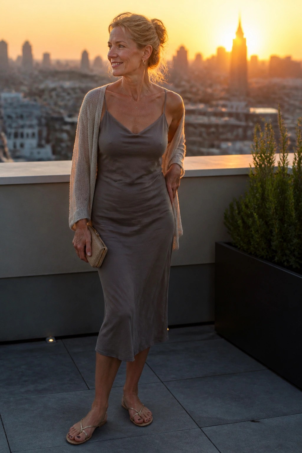 Smiling woman in gray slip dress and beige cardigan on sunset NYC rooftop