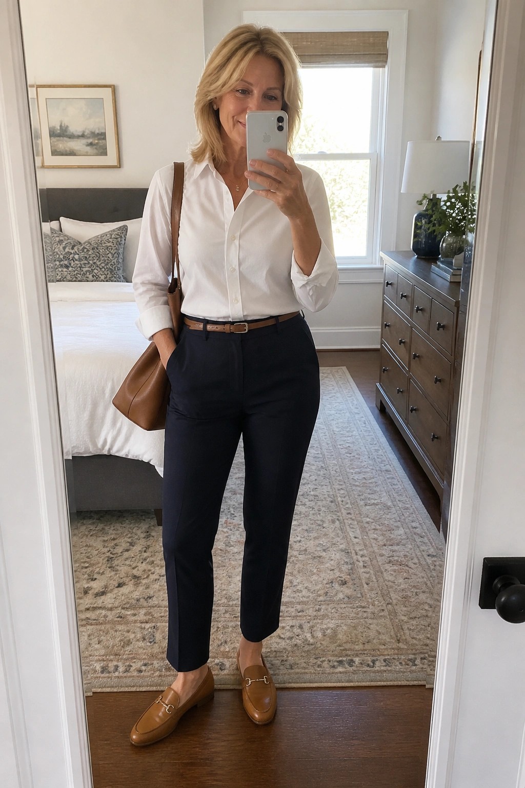 Blonde woman in white shirt, navy pants, brown loafers taking bedroom mirror selfie