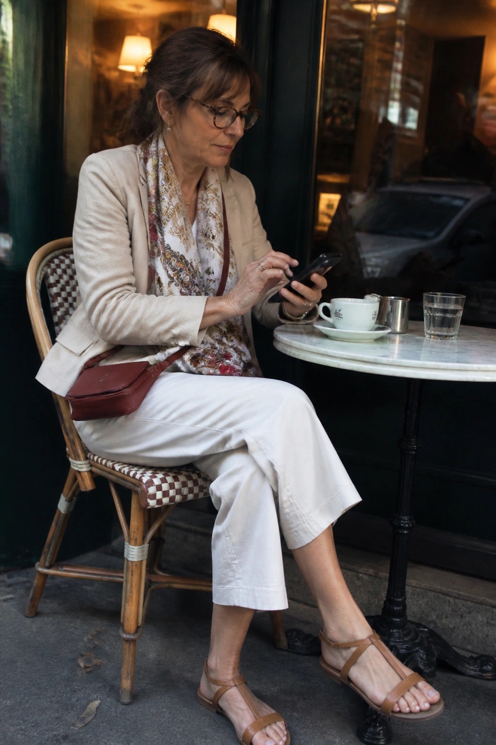 Woman in beige blazer and white pants checks smartphone at outdoor cafe table