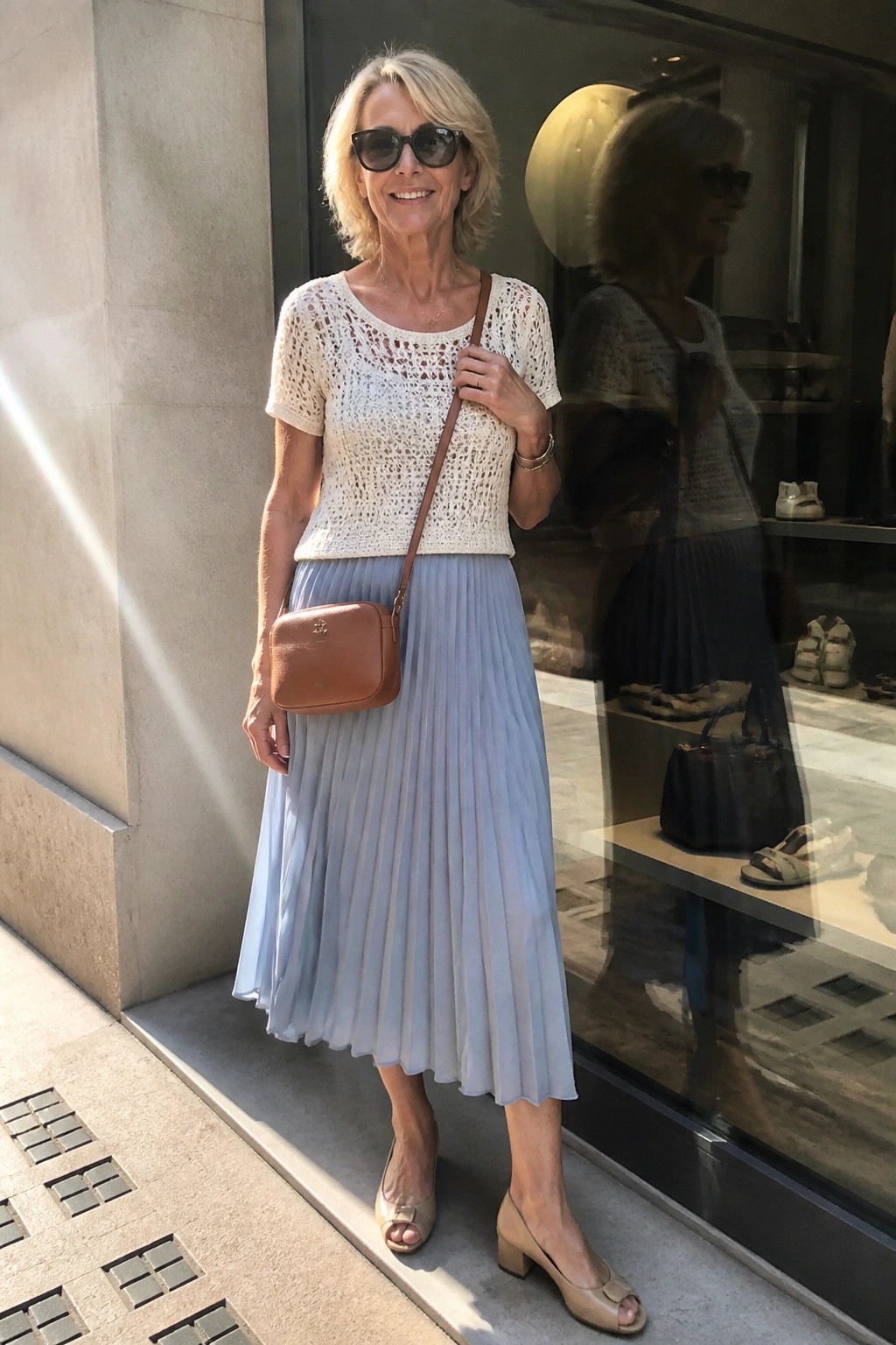 Blonde woman in white crochet top, light blue pleated skirt, brown crossbody bag