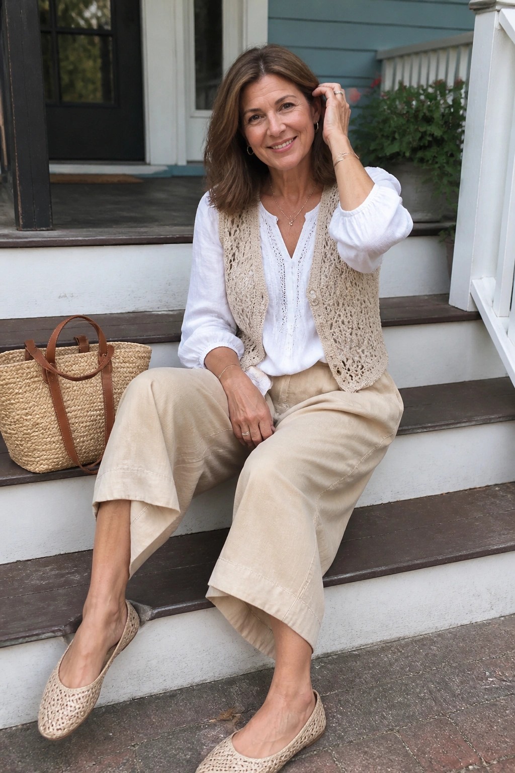 Woman over 50 in white blouse layered with beige openwork crochet vest, matching wide leg linen pants, woven beige flats and straw tote bag seated on porch steps