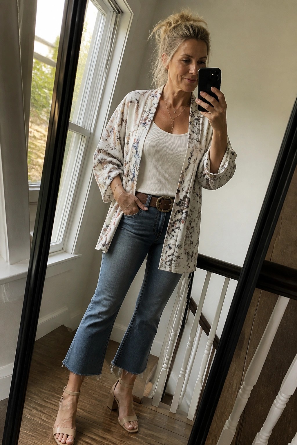 Blonde woman in floral kimono jacket, white tank, and cropped jeans taking mirror selfie
